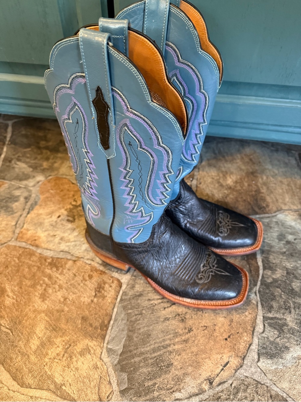 Lucchese Leather Handcrafted Cowgirl Black/Blue Square Toe Pull On Boots!!(6.5B)